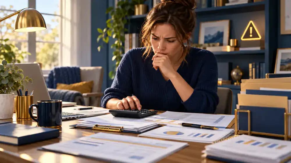 Concerned adult checking HSA contribution totals on a calculator beside a financial warning symbol.