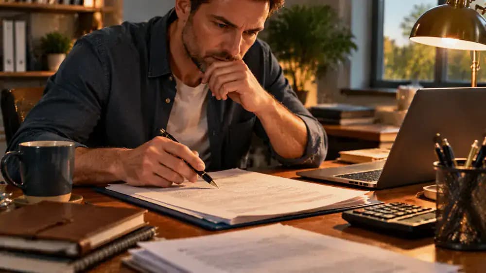 Consumer examining fine print in a loan contract with a pen.