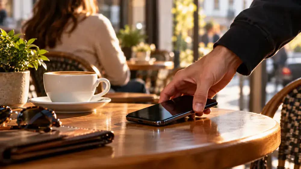 An unidentified hand taking an unattended smartphone from a cafe table while the owner is distracted.