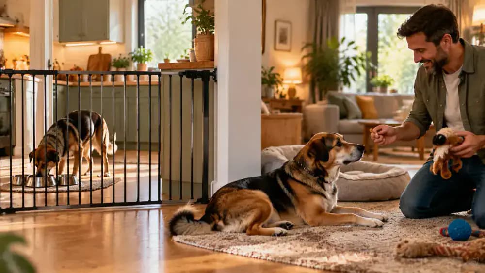 Newly adopted dog eating from its bowl behind a secure barrier while a child walks past with an adult, followed by an adult offering a treat near a dog holding a toy.