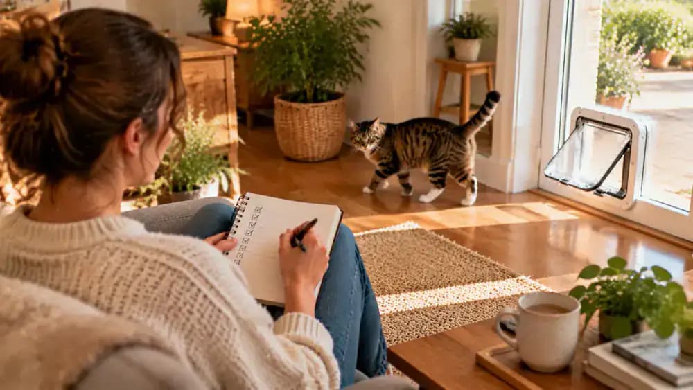 An owner records a cat's training progress in a journal beside the pet flap while the cat calmly explores the room.