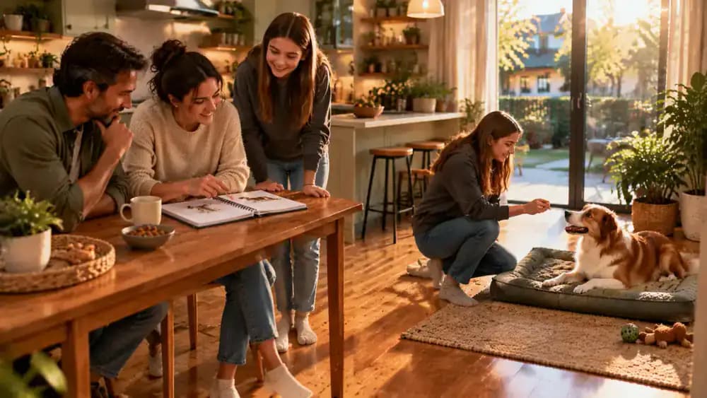 Family members reviewing a dog training checklist on the kitchen counter and taking turns practicing the same cue before rewarding the dog for settling on its mat.