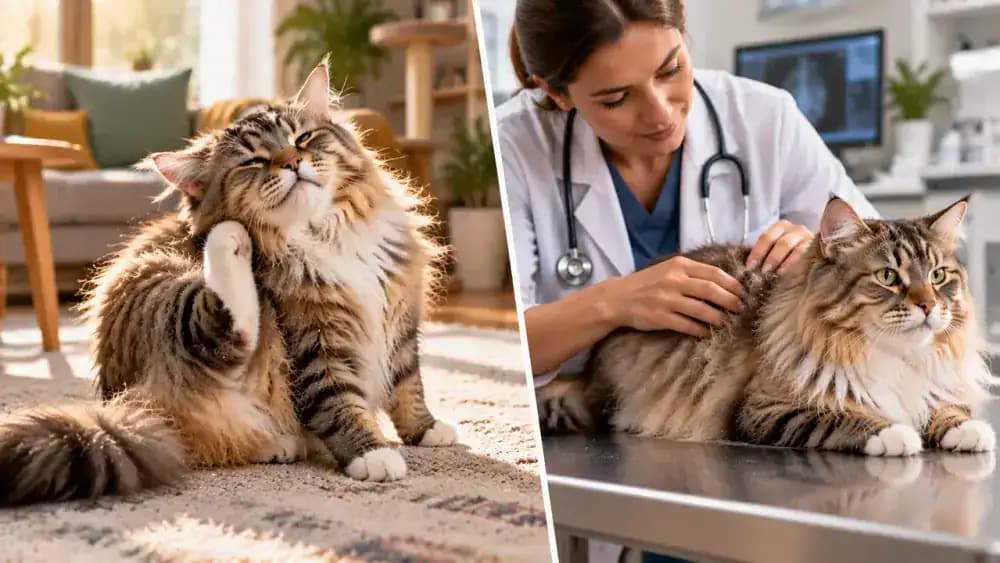 Older long-haired cat attempting to groom its back while its owner gently observes a dense patch of fur, followed by a veterinarian examining the cat calmly.