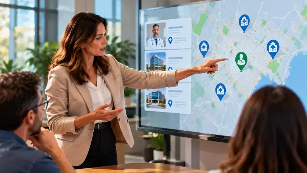 Presenter checking fictional specialist and facility network status fields on an interactive provider map and recording an insurer response and sample reference number.