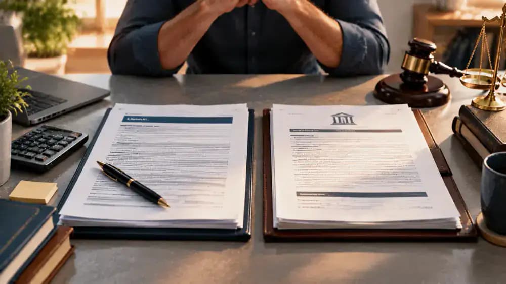Consumer contract and court judgment documents arranged separately on a desk.