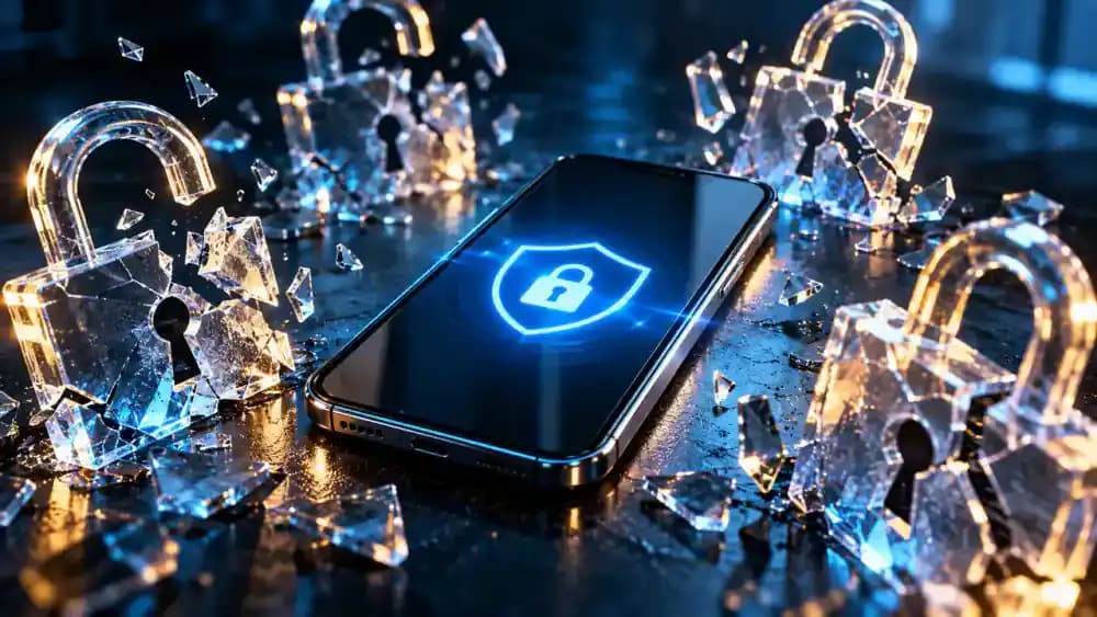 Smartphone surrounded by fractured digital padlocks symbolizing stolen credentials and unauthorized account access.