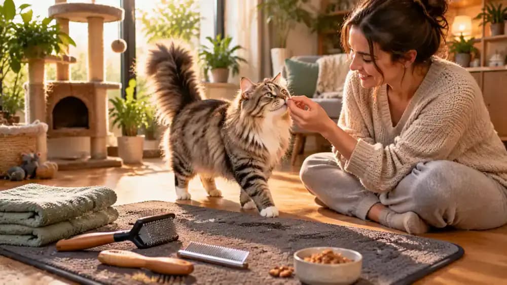 Owner preparing a quiet grooming corner with a nonslip mat, brush, comb, and treats while a long-haired cat approaches voluntarily and later takes a break.