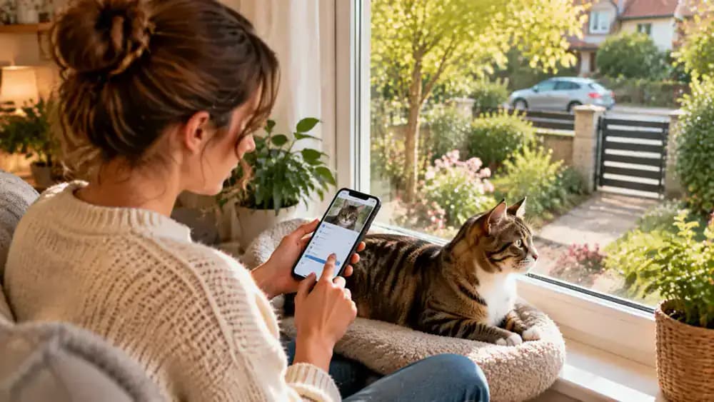 An owner checks a cat's identification and microchip registration on a phone while the cat remains safely indoors near a window overlooking a garden and nearby street.