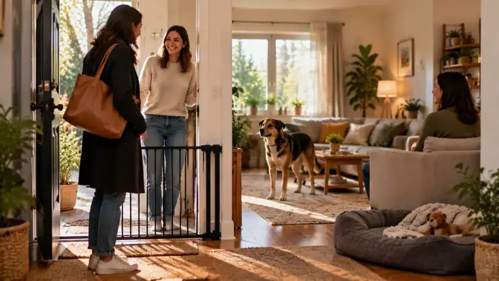 Calm visitor sitting sideways on a chair behind a secure baby gate while the owner explains household rules and the newly adopted dog watches from a comfortable distance.