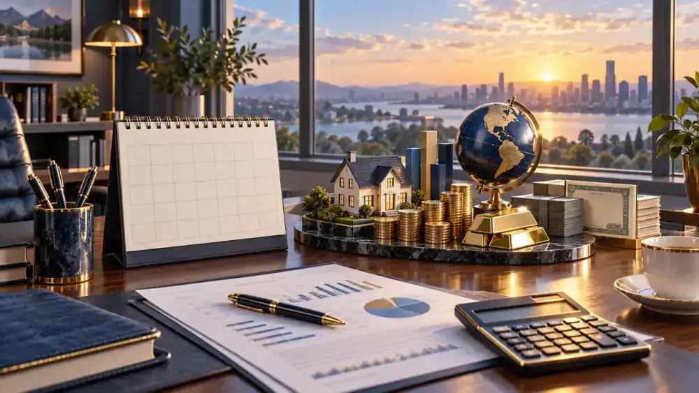 An unmarked calendar beside a diversified retirement portfolio with a sunrise visible in the distance.