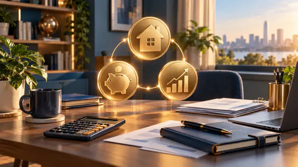 Three connected financial symbols representing HSA contributions, tax-free growth, and qualified withdrawals.