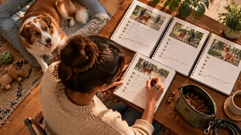 Owner filling out a training log with columns for trigger, distance, food response, and recovery time, then reviewing several days of recorded observations.