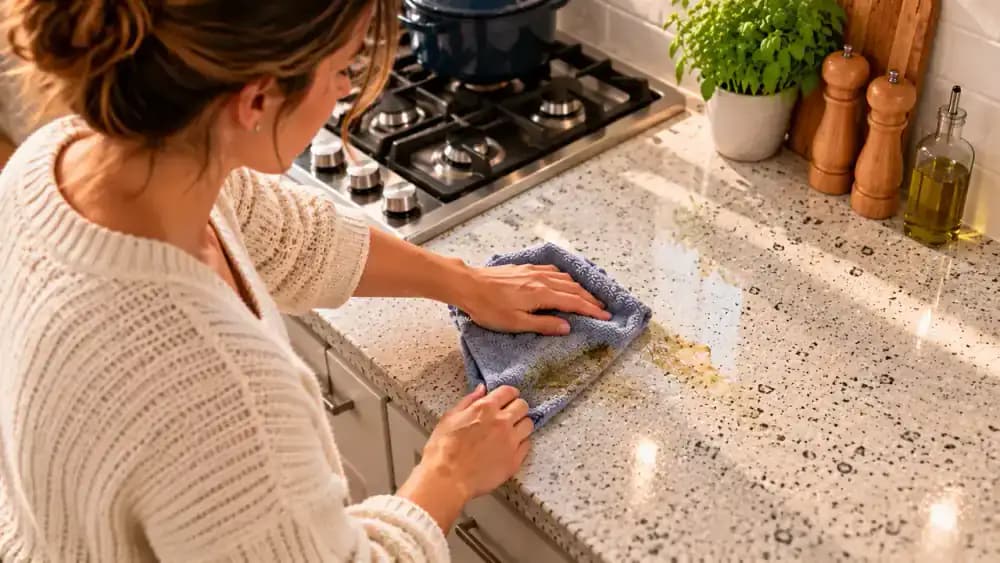 Close-up of a homeowner gently removing softened adhesive residue from a light gray engineered quartz countertop near the backsplash using short microfiber cloth strokes, then covering the remaining sticky spot with a damp cloth.