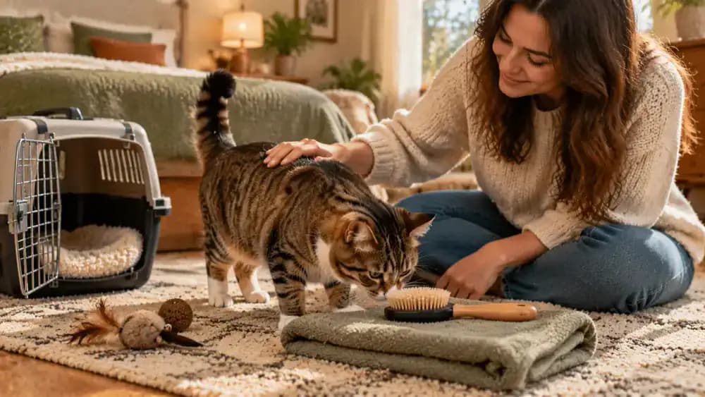 A cat inspecting a soft brush on a folded towel before receiving one gentle back stroke and a reward, then exploring an open carrier containing treats.