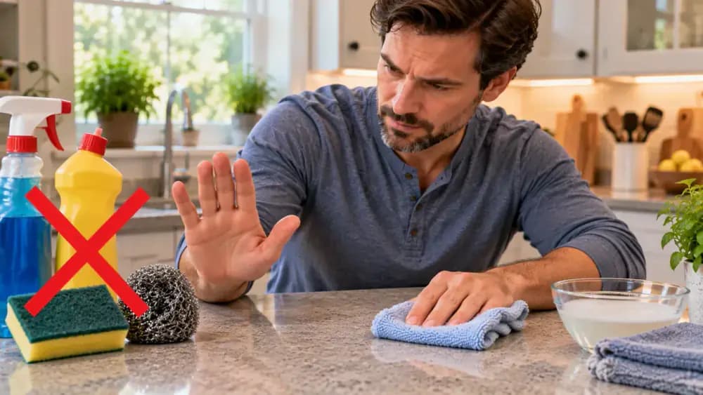 Adult homeowner moving an abrasive scrub pad and unlabeled cleaner away from a laminate countertop while gently wiping a dried spot with a damp microfiber cloth and keeping the nearby seam dry.