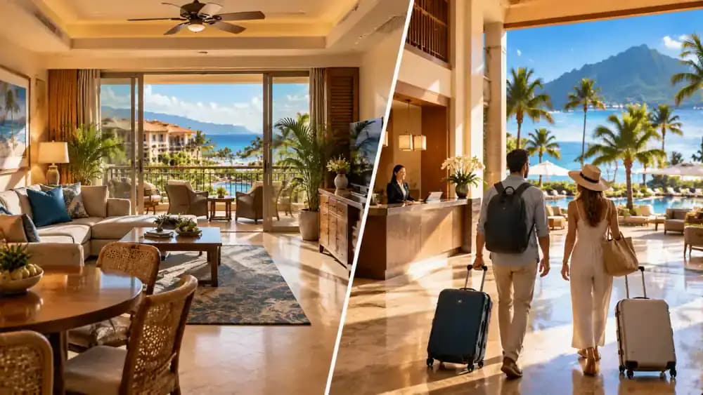 Timeshare suite and independently booked hotel vacation represented side by side.
