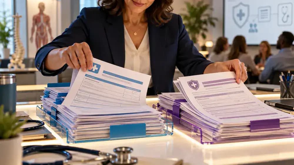 Fictional medical referral and prior authorization forms displayed side by side, with highlighted fields for submission responsibility, required information, and status inquiries.