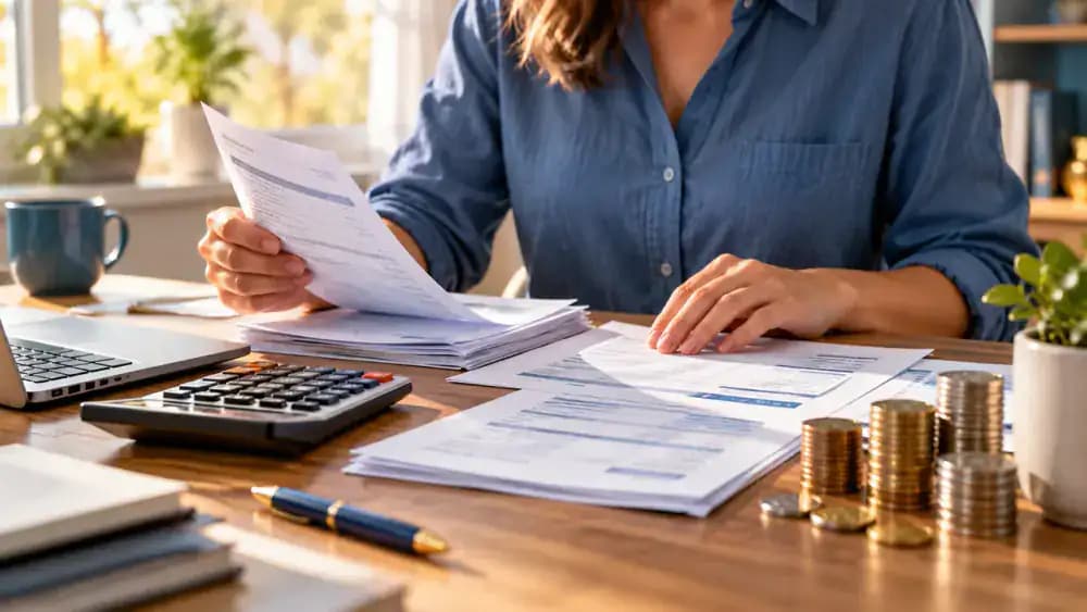 Hands organizing payroll paperwork, coins, and a calculator to illustrate different HSA contribution methods.