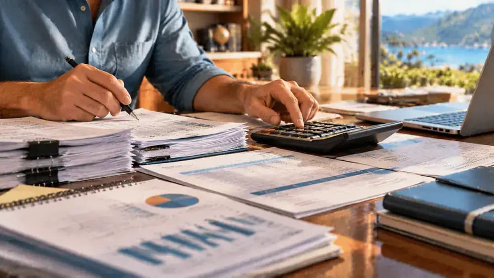 Timeshare loan paperwork, calculator, and repayment documents on an office desk.