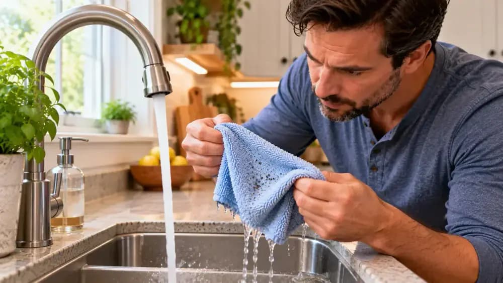 Adult homeowner rinsing and wringing a microfiber cleaning cloth over a sink, then checking it for trapped grit before returning to a dry laminate countertop.