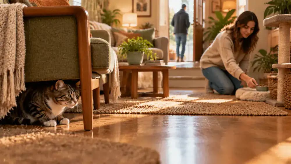 A cat retreating behind a chair after a doorbell rings while the owner places treats in a quiet corner and waits for the cat to approach a stationary hand.
