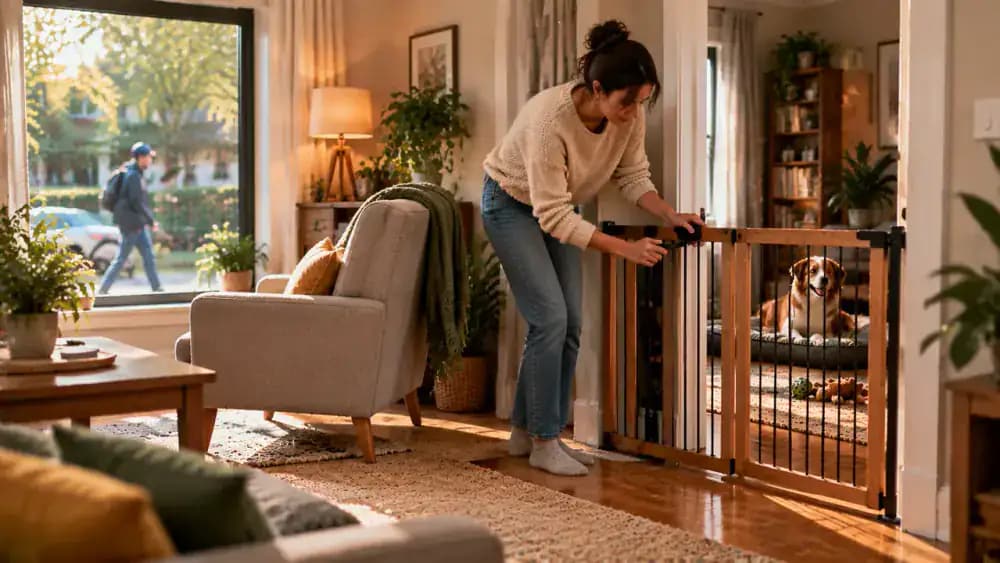 Owner securing a baby gate across the living room entrance, moving a chair away from the window, checking the window latch, and settling the dog in a quiet adjoining room.