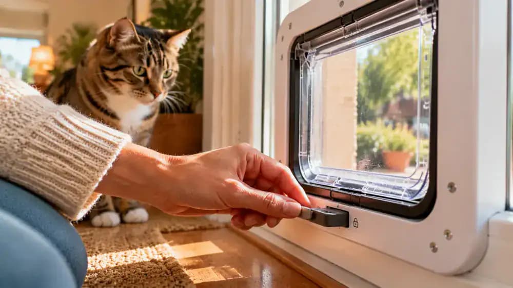 An owner tests a pet flap's locking mechanism, entry settings, and panel movement while keeping the regular door available as an alternative.
