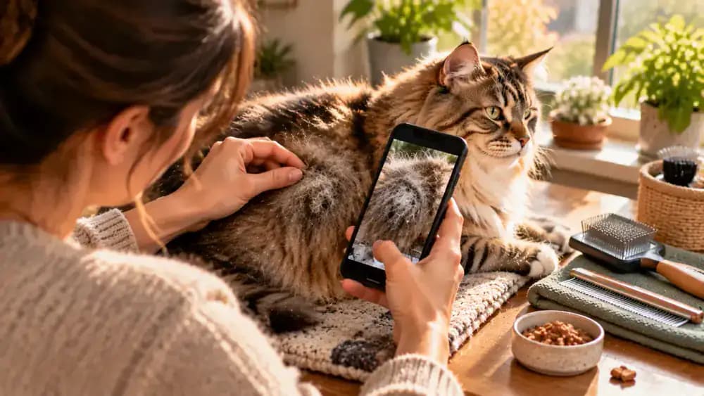 Owner checking a long-haired cat's coat beside a bright window, cleaning loose fur from a brush, storing grooming tools, and recording recurring tangles in a phone grooming log.