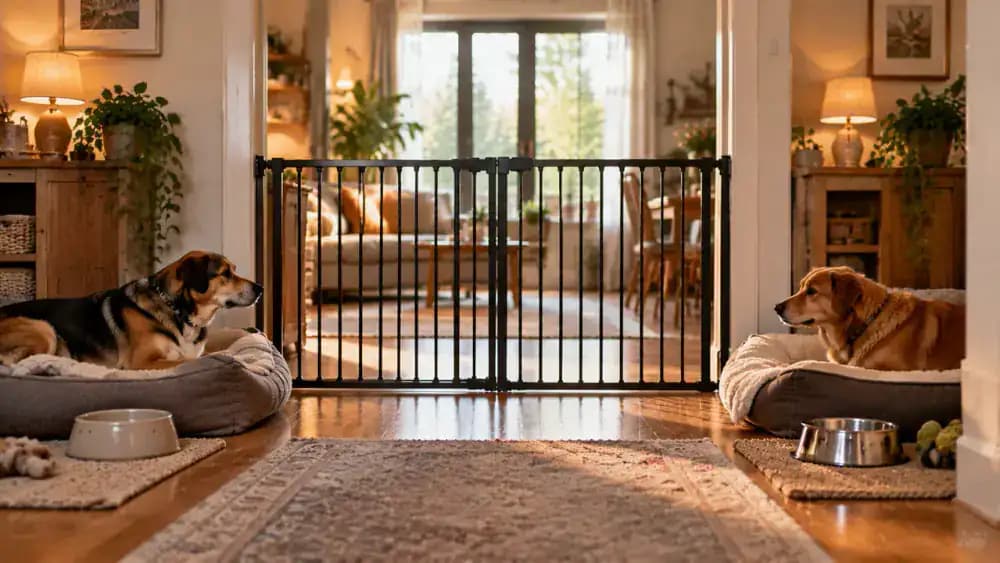 Newly adopted dog and resident dog exploring separate areas divided by a secure gate, with two adults supervising and each animal having its own bed, water bowl, and feeding station.