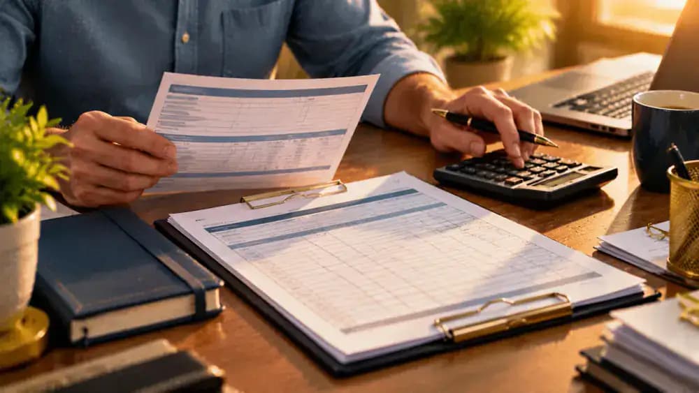 Pay stub, calculator, and blank financial worksheet on a clean desk.