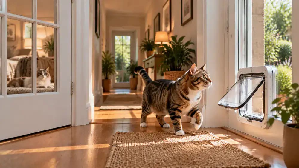 Two household cats practice using a pet flap separately before calmly sharing the room under their owner's supervision.