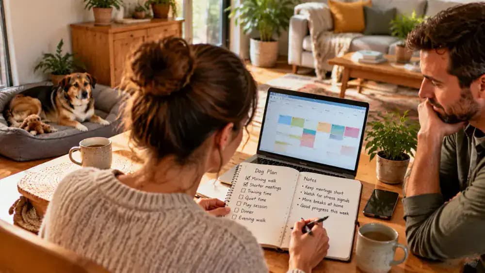 Dog owner reviewing a notebook of observations about the adopted dog's comfort with individual family members and adjusting a calendar to schedule shorter, gradual interactions.