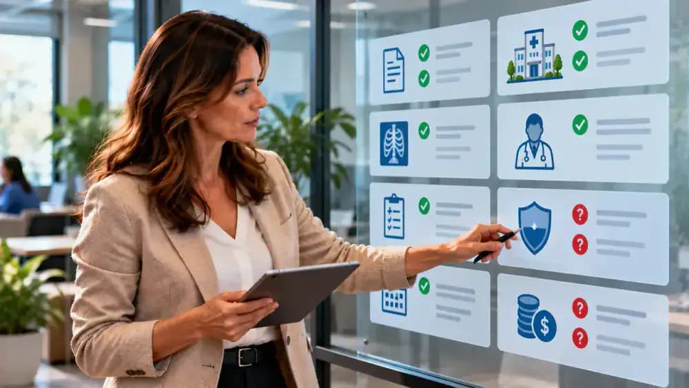 Presenter reviewing a glass checklist with separate statuses for referral receipt, network participation, authorization requirements, and outstanding questions, marking confirmed information while leaving unresolved items pending.