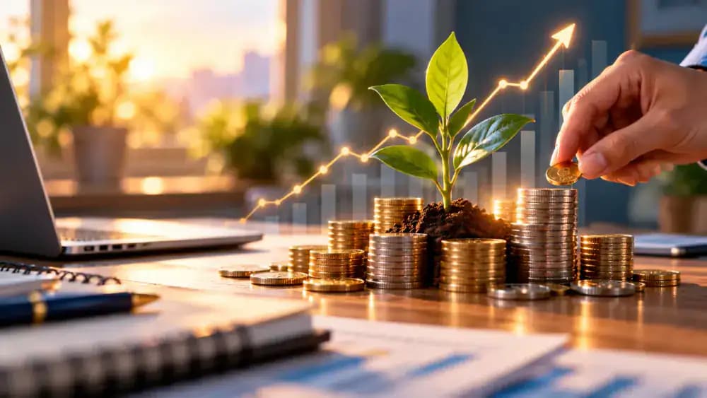 Small growing plant surrounded by coins and abstract investment growth symbols.