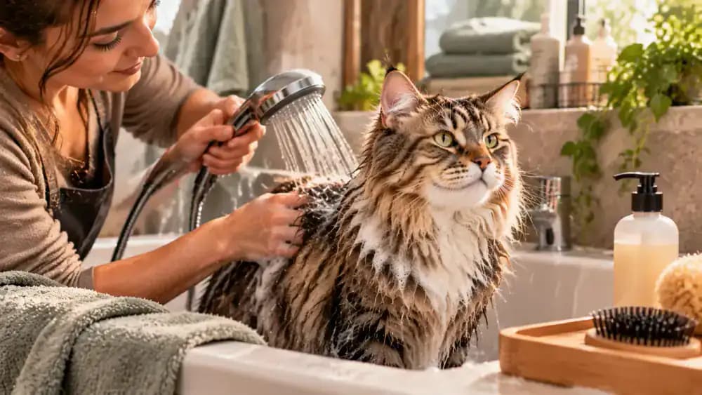 Cat-specific shampoo and a folded towel beside a clean bathing area, with an owner checking the label before gently rinsing a cat and leaving a tight mat untouched for professional assessment.