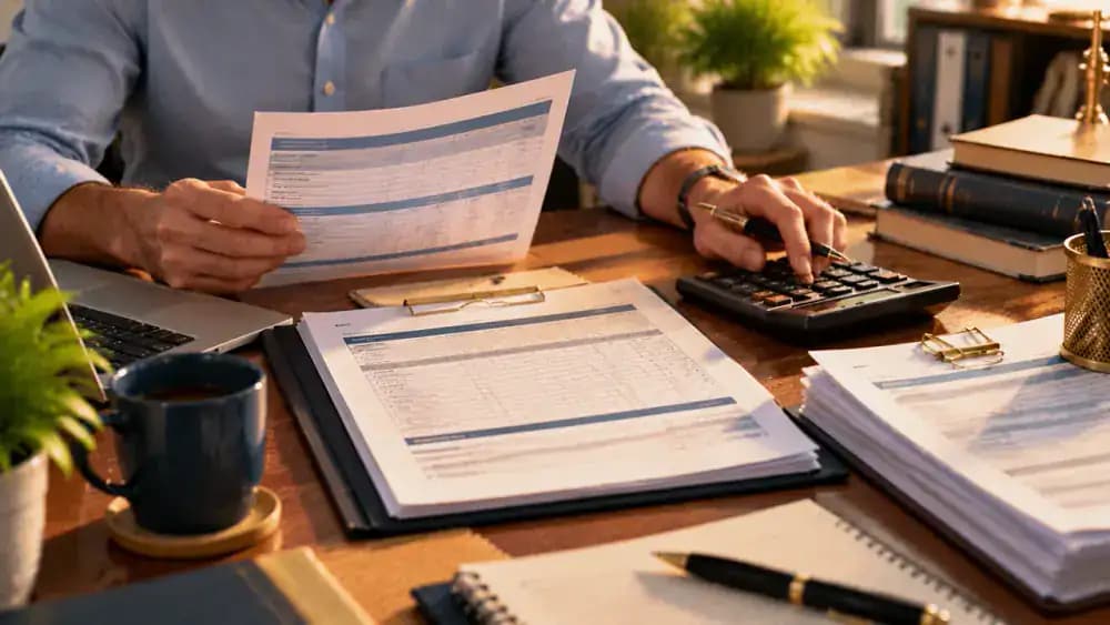 Payroll statement beside a calculator and tax deduction paperwork.