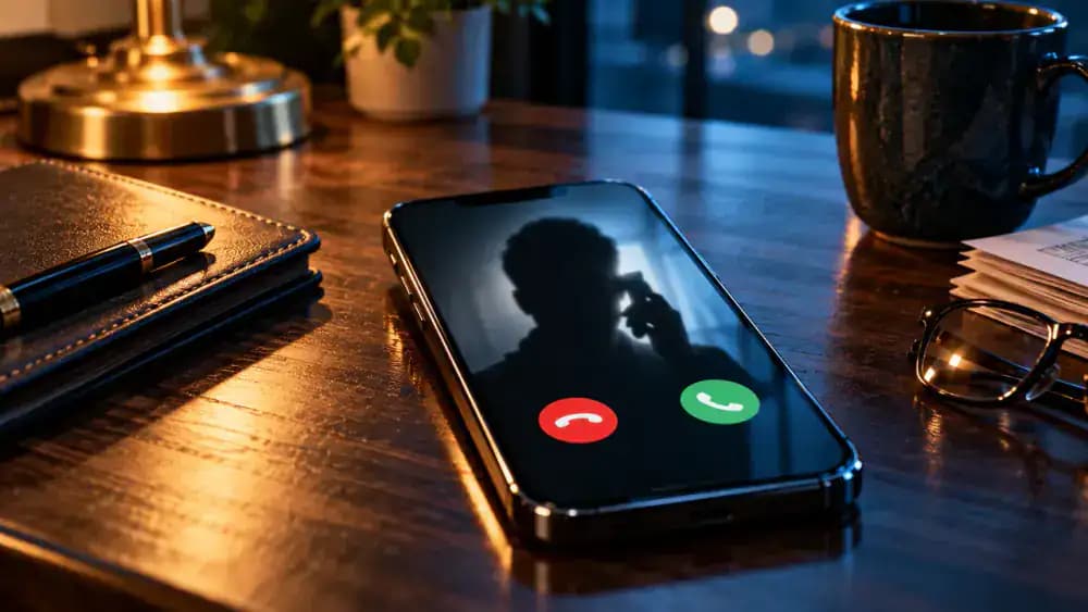 Suspicious anonymous caller reflected in a smartphone screen, illustrating impersonation and urgent payment scam tactics.