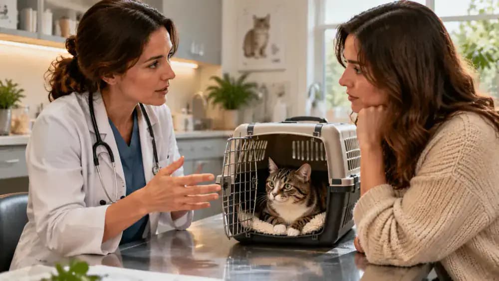 An owner discussing changes in their cat's response to touch with a veterinarian while the cat rests comfortably in an open carrier during a calm consultation.