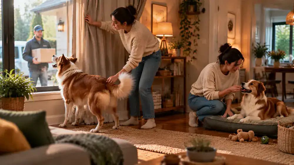 Dog barking during a busy delivery outside while its owner closes the curtain, guides it to a quieter area, and rewards a relaxed posture.