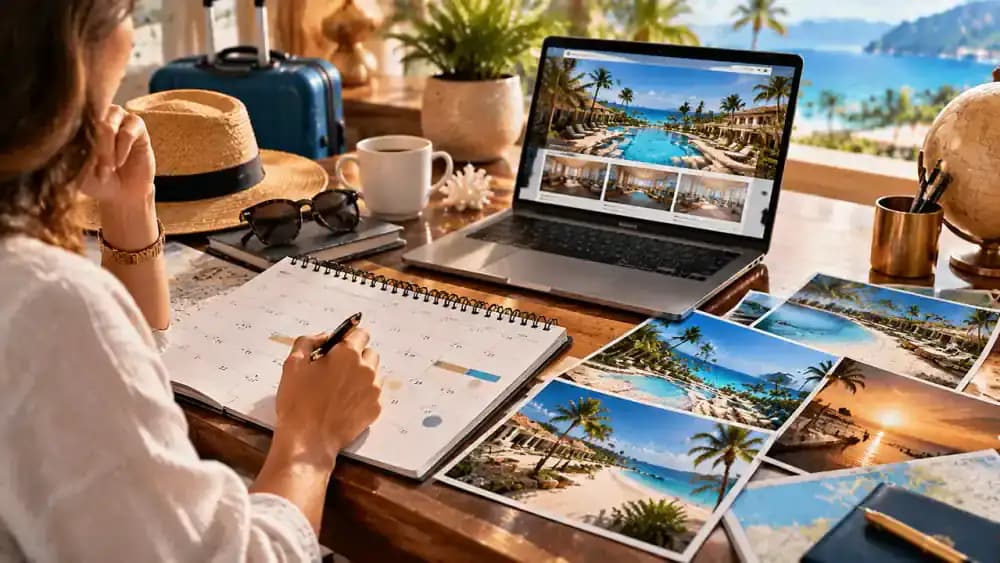 Travel calendar, resort photographs, and laptop representing vacation exchange options.