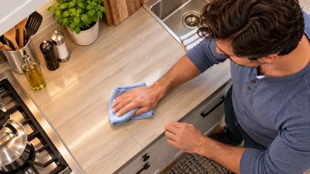Top-down view of a homeowner wiping a laminate countertop with a well-wrung microfiber cloth in short overlapping strokes, using a drier corner near a seam and backsplash joint.