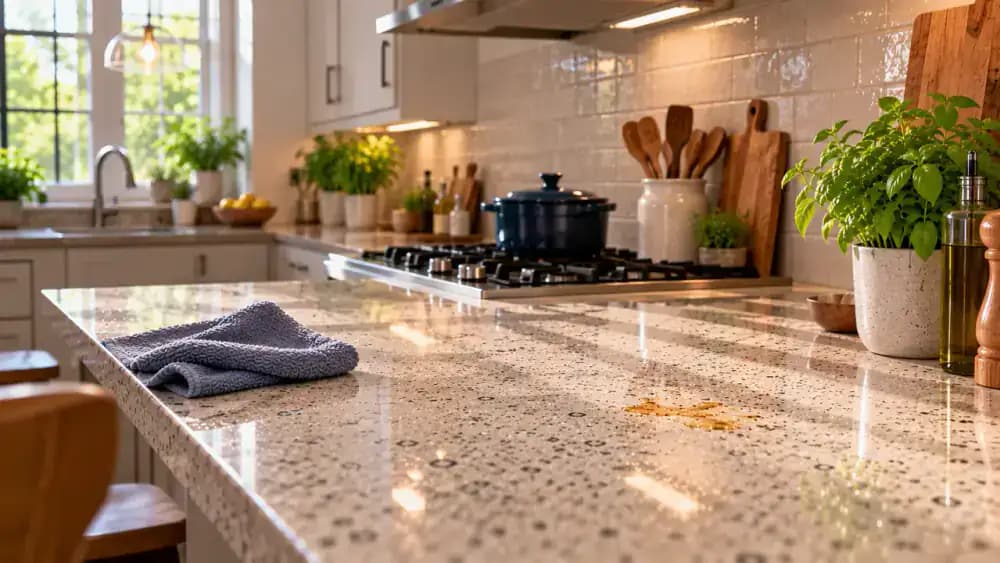 Before-and-after visual comparison of a light gray engineered quartz countertop in a modern kitchen, showing greasy fingerprints, dried food, and cloudy streaks before cleaning and reduced visible residue afterward, with a small adhesive mark remaining near the backsplash.