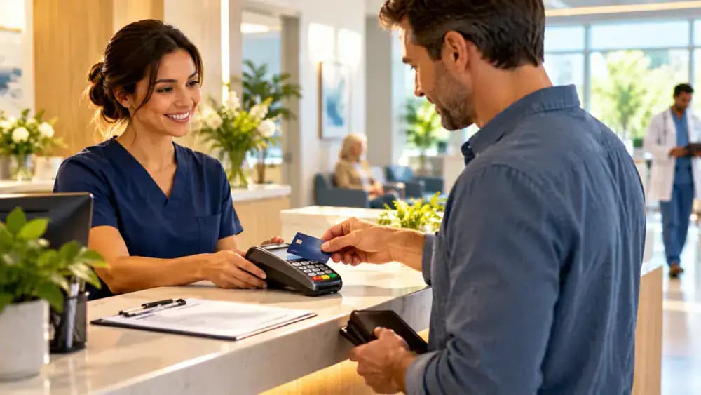 Patient using a payment card to settle a medical bill at a healthcare reception desk.