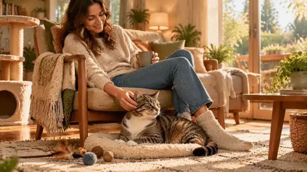A relaxed cat choosing to settle beside its owner's chair in a sunlit living room after a brief handling session, with both remaining calm and comfortable.