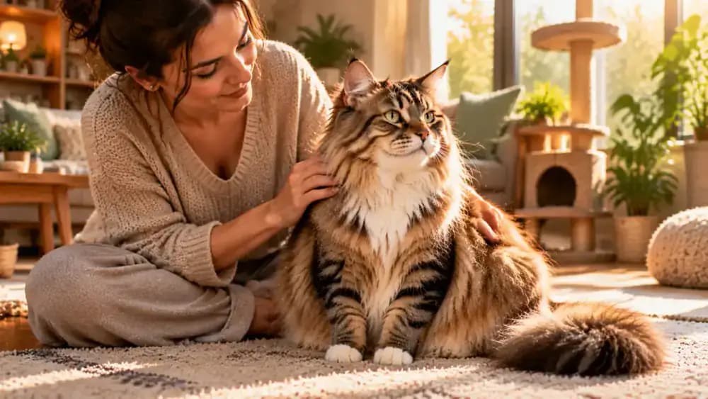 Relaxed long-haired cat sitting beside its owner in soft natural light, with grooming tools nearby and the cat settling comfortably on a favorite cushion.