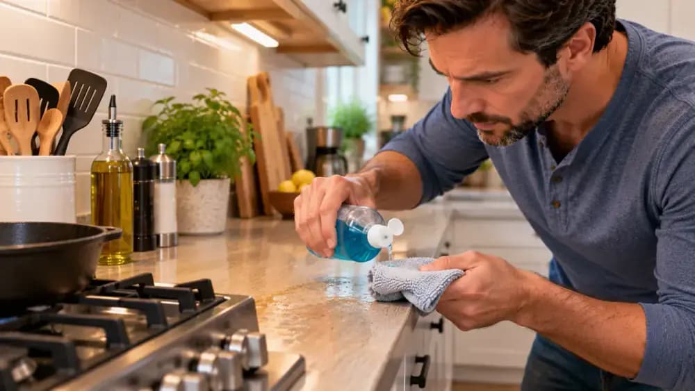 Adult homeowner applying diluted dish soap to a microfiber cloth and gently wiping a greasy patch on laminate near the stove while keeping the nearby seam dry.