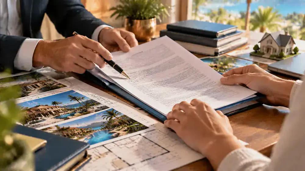 Hands reviewing timeshare transfer documents with a pen and folder.
