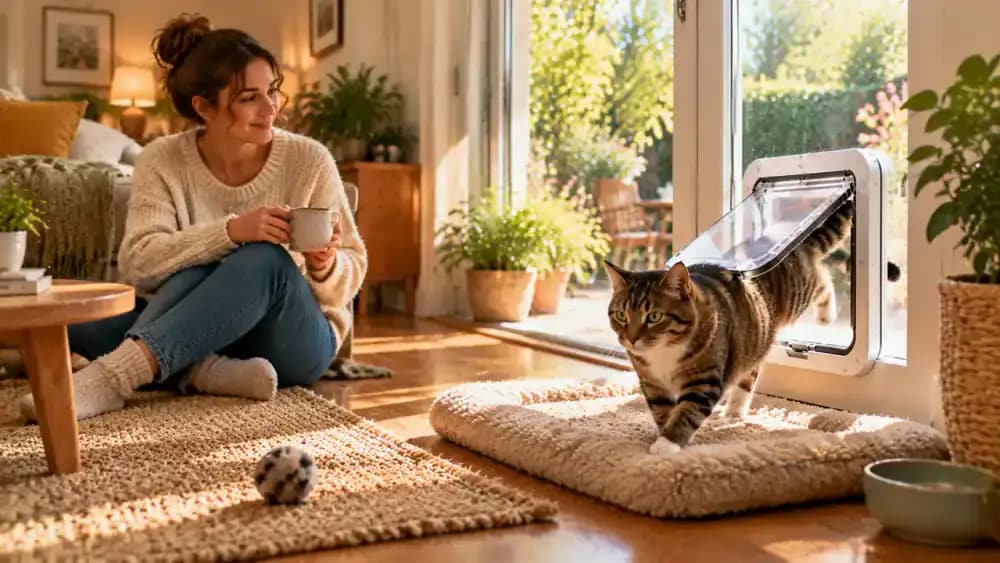 A cat rests comfortably on a mat after independently passing through a clean pet flap while its owner checks the secure frame.