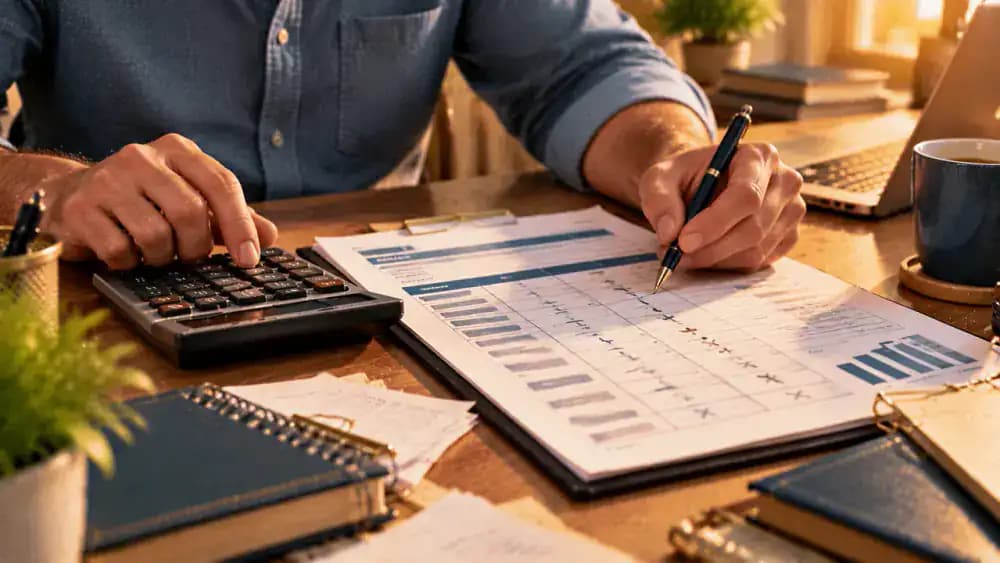 Calculator beside a weekly earnings worksheet with abstract arithmetic marks.