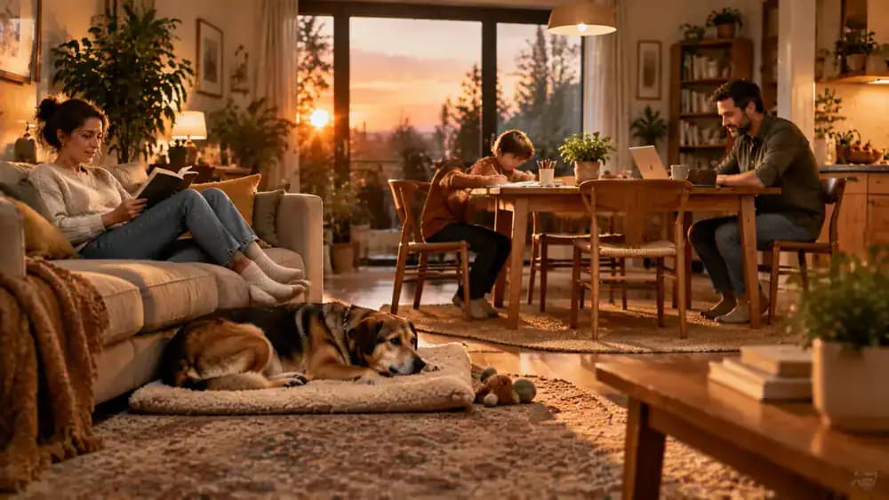 Newly adopted dog relaxing on a comfortable mat near family members who quietly read, work, and draw in a peaceful living room at sunset.